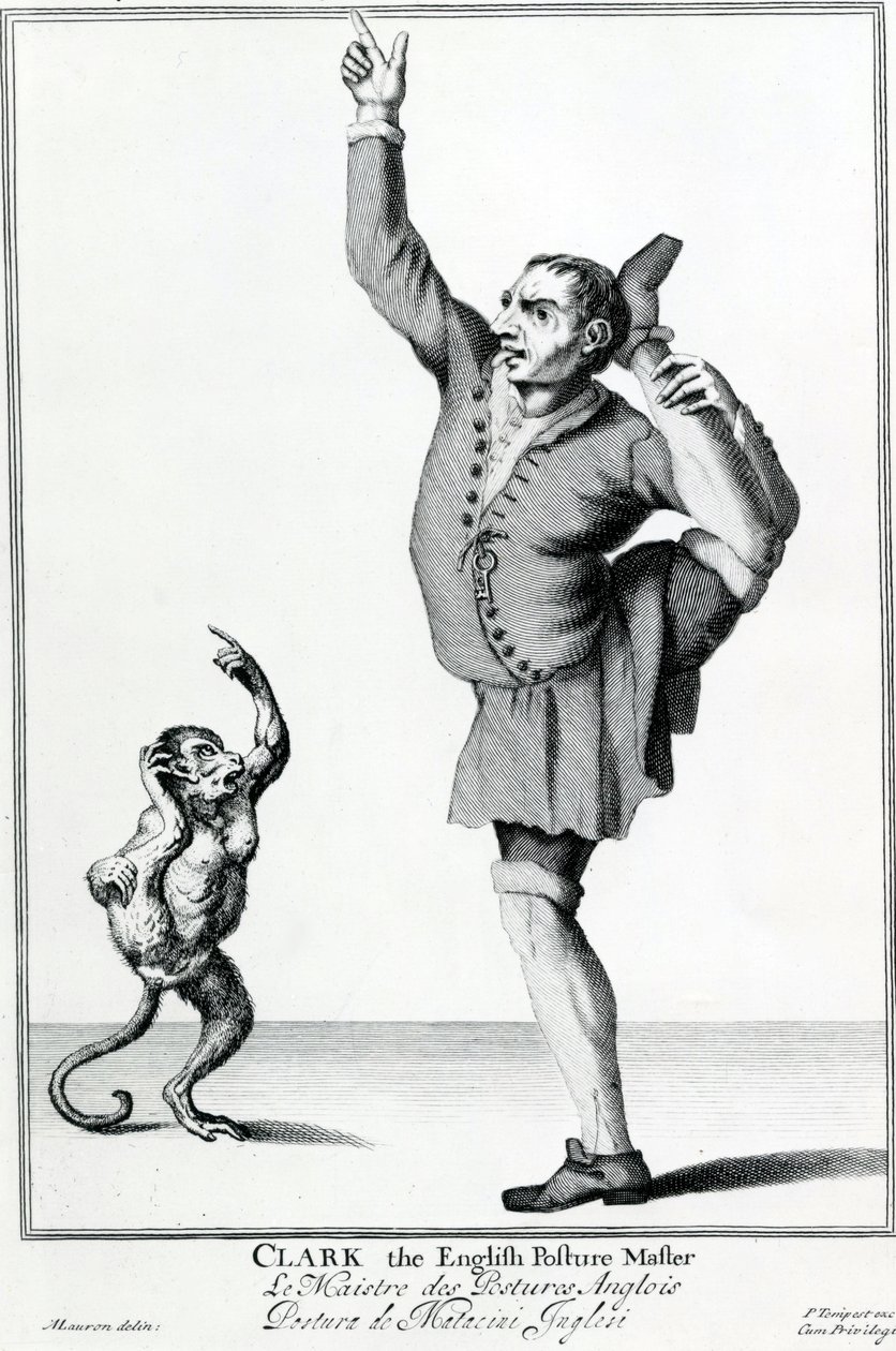 Clark the English Posture Maker, hentet fra serien The Cryes of the City of London Drawne after the Life, gravering etter Marcellus Laroon II, utgitt av Pierce Tempest, 1688 av American School