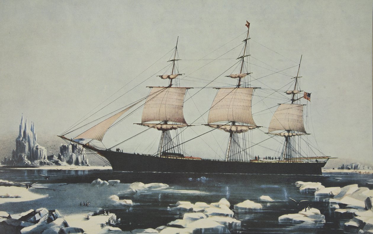Clipper Ship, Red Jacket - In the Ice off Cape Horn, på hennes passasje fra Australia, til Liverpool, august 1854, pub. 1855, Currier & Ives av American School