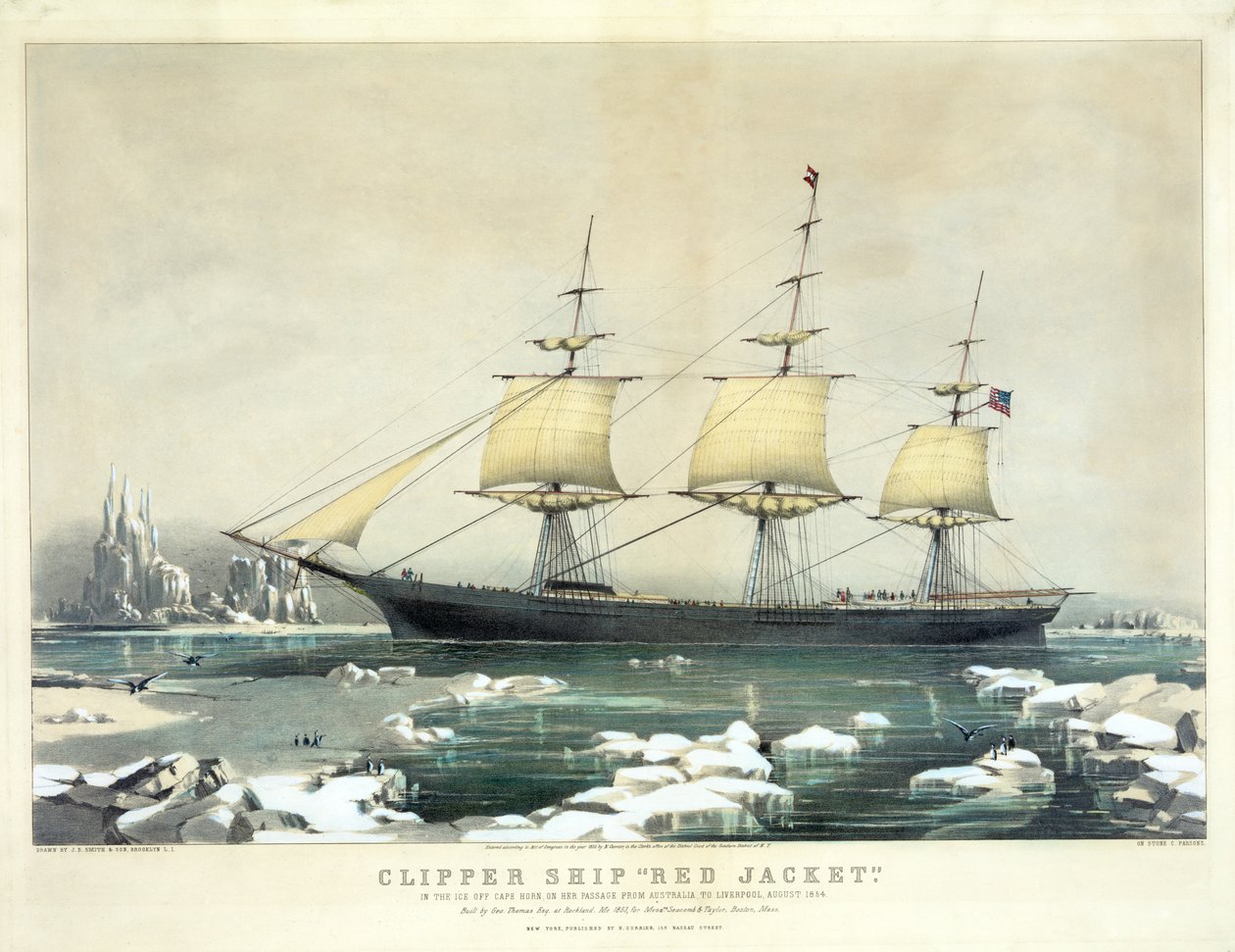 Clipper Ship Red Jacket i isen utenfor Kapp Horn, på hennes passasje fra Australia til Liverpool, august 1854, pub. N. Currier, 1855 av American School