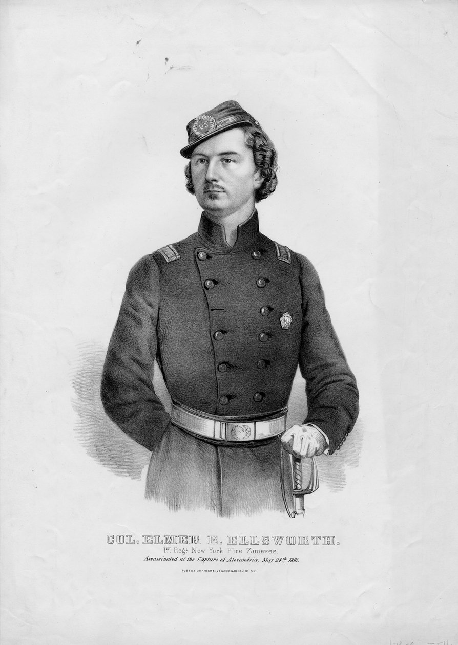 Oberst Elmer E. Ellsworth: 1. regt. New York Fire Zouaves, pub. av Currier & Ives, ca. 1862 av American School