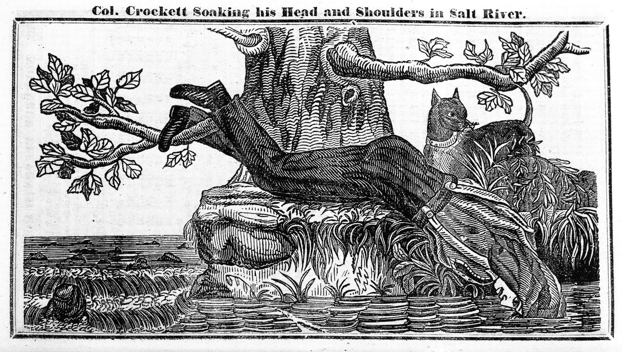 Oberst Davy Crockett bløtlegger hodet og skuldrene i Salt River, fra Crocketts Almanac, 1837 (avispapir) av American School