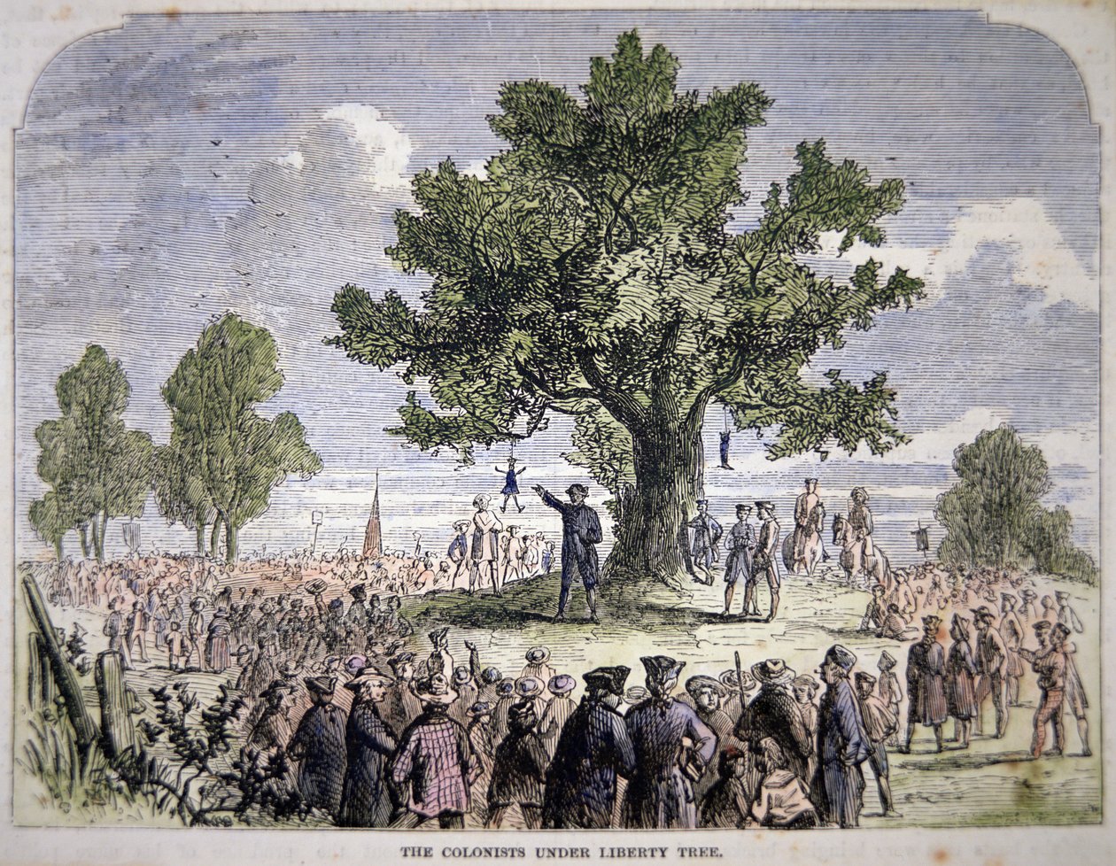 Kolonister under Liberty Tree (farge litho) av American School