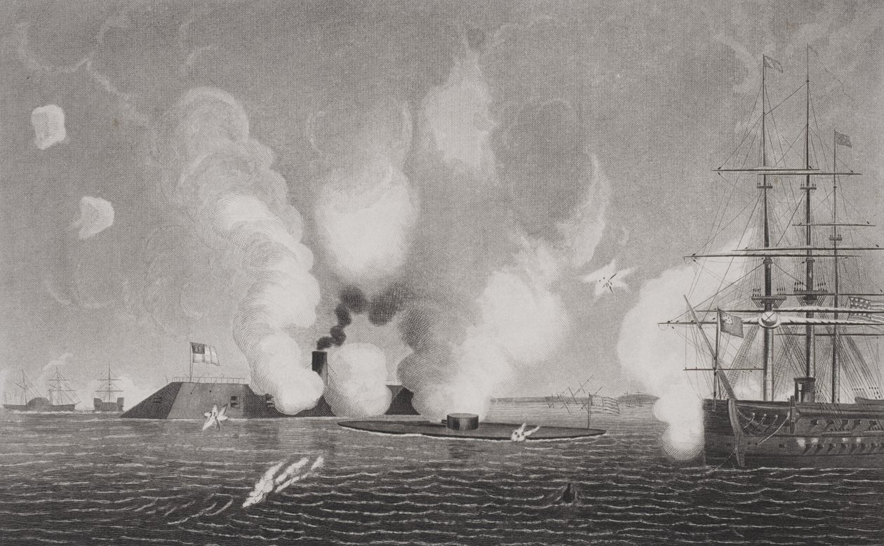 Kamp mellom det konfødererte CSS Virginia (til venstre) og Union USS Monitor (i midten) 9. mars 1862 ved Hampton Roads, Virginia (se 254609 for detaljer) av American School