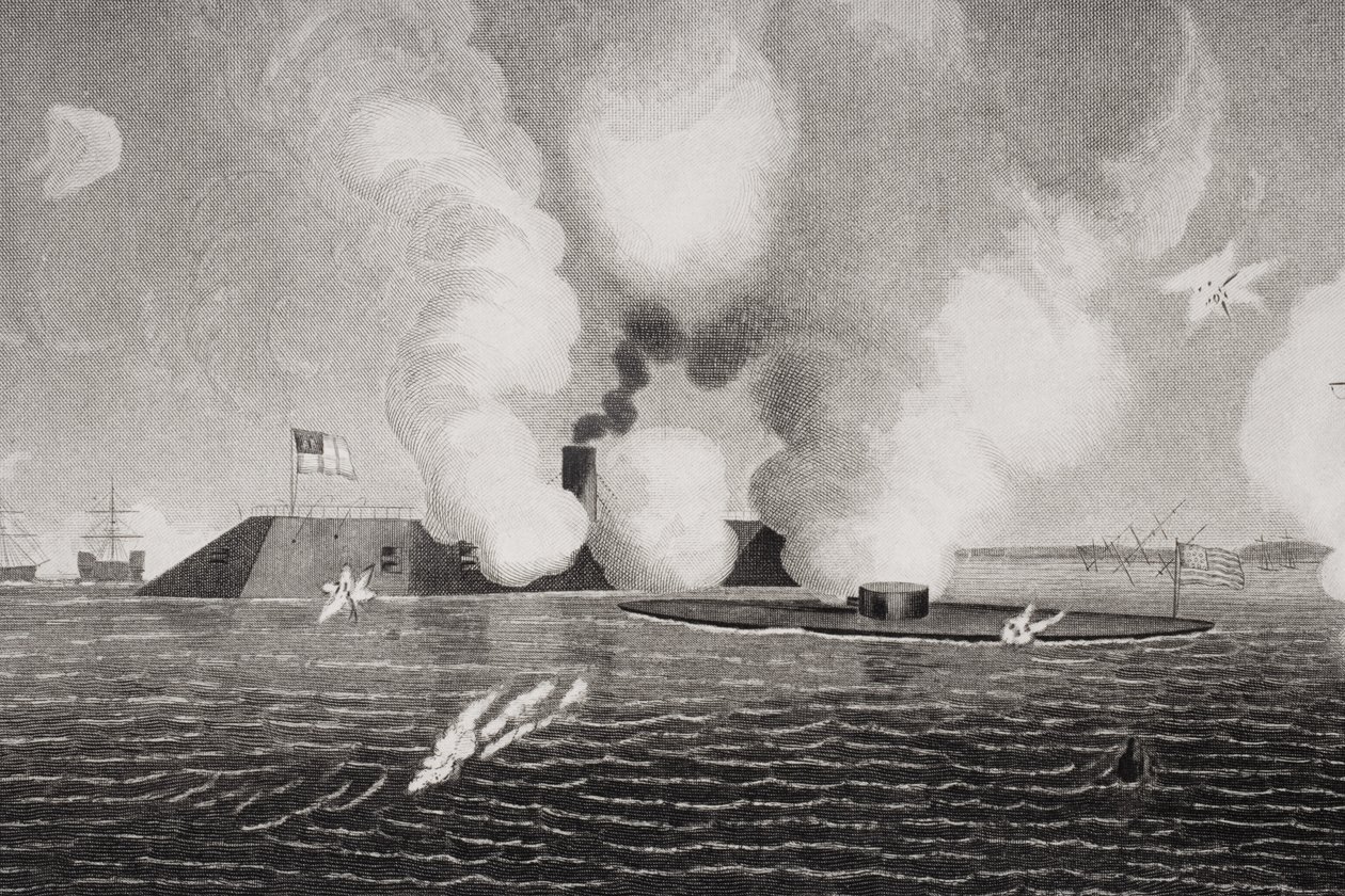 Kamp mellom det konfødererte CSS Virginia (til venstre) og Union USS Monitor (til høyre) 9. mars 1862 ved Hampton Roads, Virginia (detalj av 254608) av American School