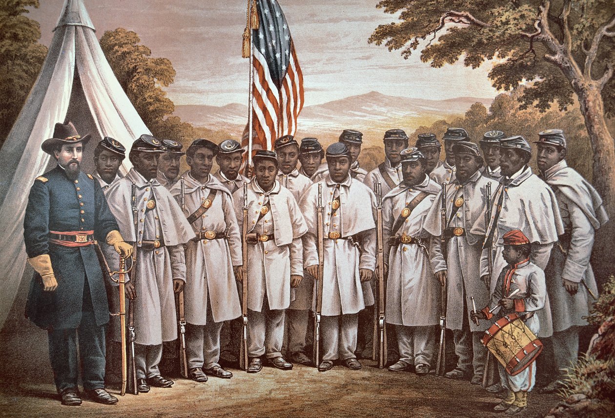 'Come and Join Us Brothers', unionsrekrutteringsplakat rettet mot svarte frivillige (farge litho) av American School