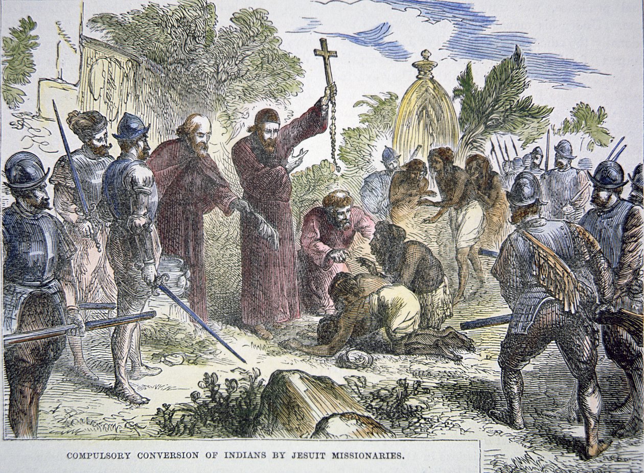 Obligatorisk konvertering av indianere til kristendommen av spanske jesuittmisjonærer på 1500-tallet (farge litho) av American School