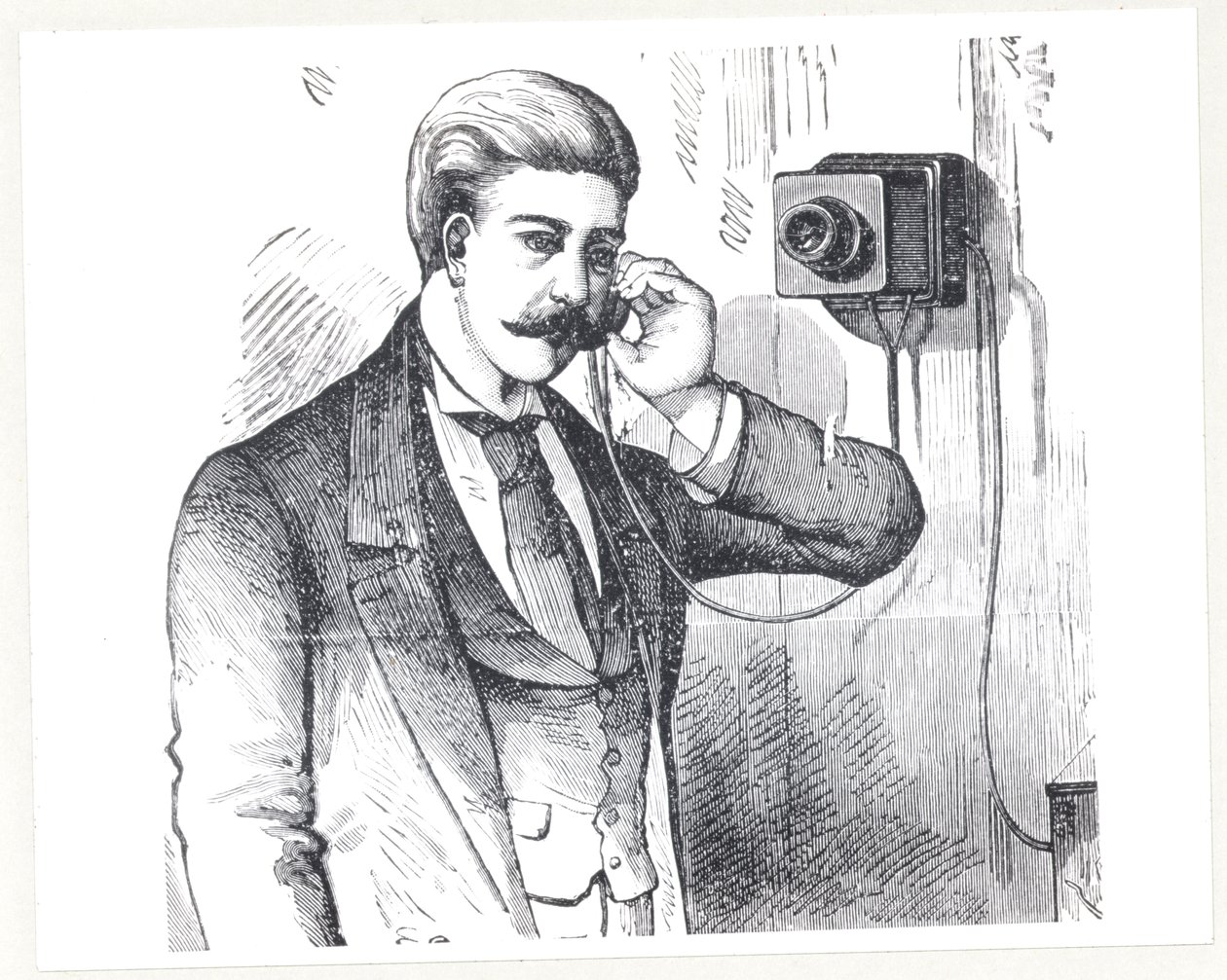 Kondensatortelefon i bruk, fra The Electric Telephone av George Bartlett Prescott (f.1830), 1890 av American School