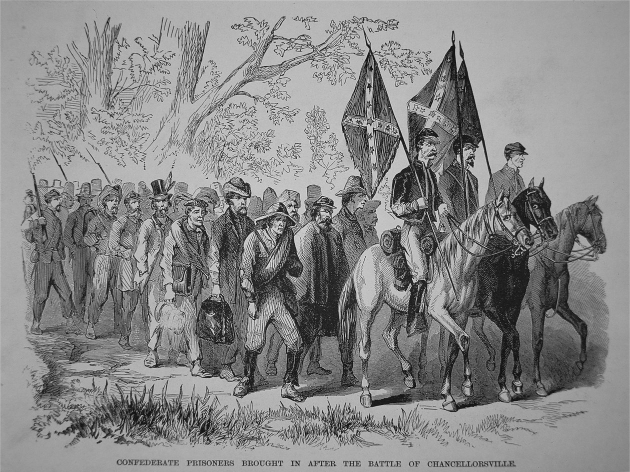 Konfødererte fanger brakt inn etter slaget ved Chancellorsville (litho) av American School