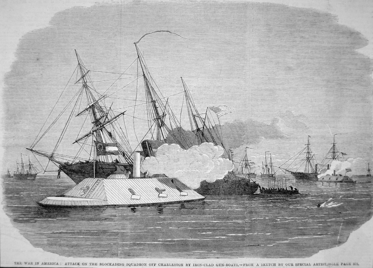 Konfødererte jernkledde angriper den føderale blokadeskvadronen utenfor Charleston, 4. april 1863 (litho) av American School