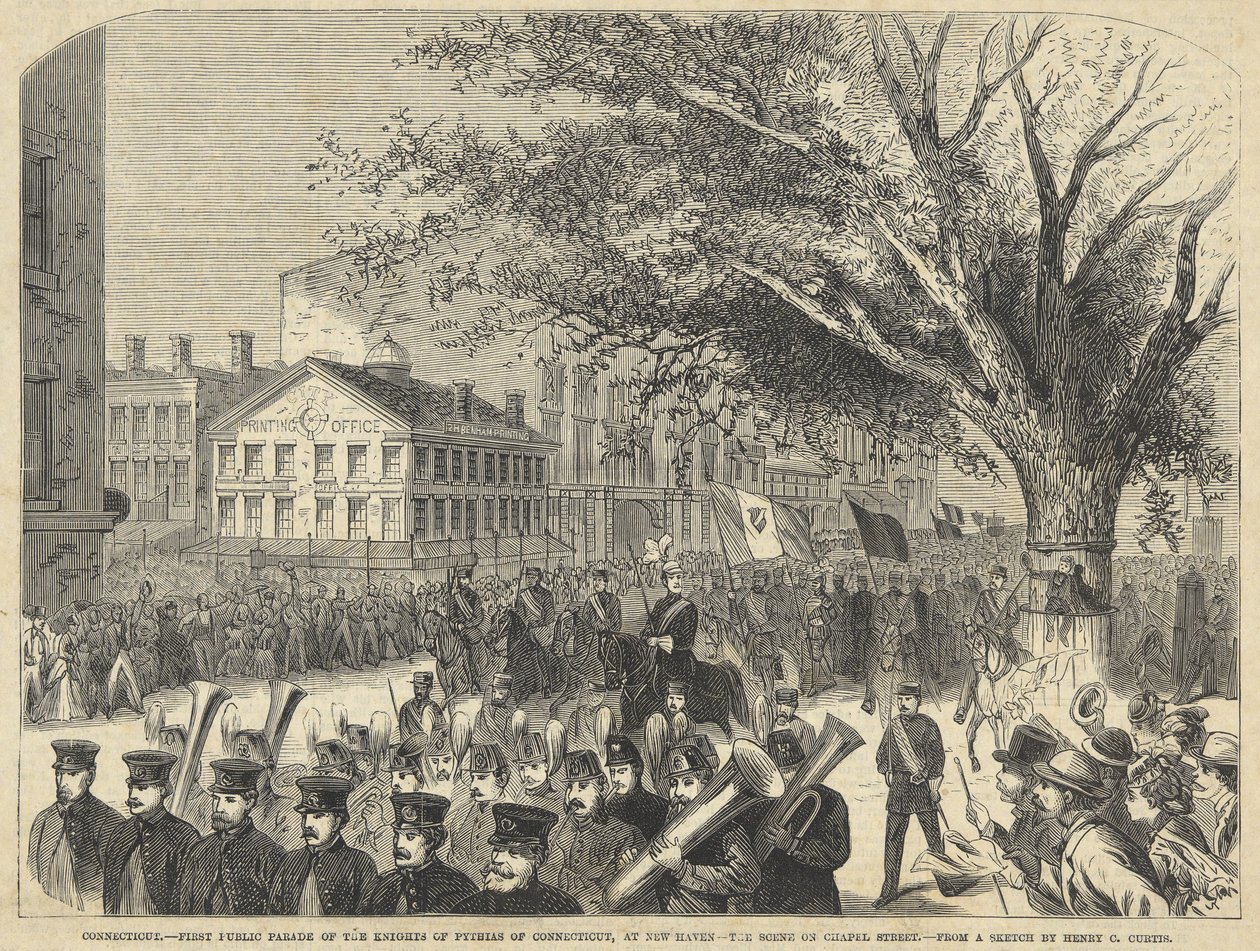 Connecticut - First Public Parade of the Knights of Pythias of Connecticut, i New Haven. Scene på Chapel Street, fra Harper's Weekly, pub. 1872 (gravering) av American School