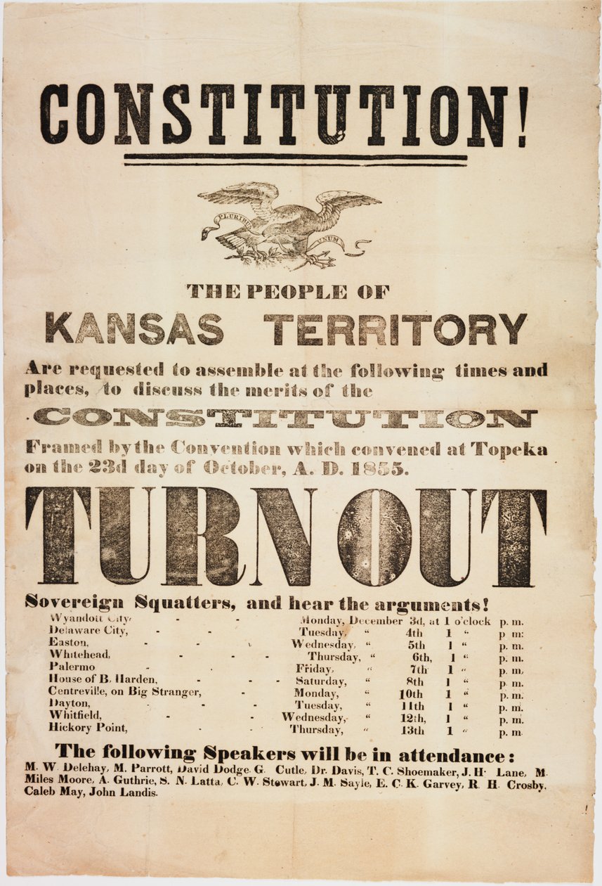Grunnlov! Befolkningen i Kansas-territoriet blir bedt om å samles..., trykt av E. C. K. Garvey & Co., ca. 23. oktober 1855 av American School