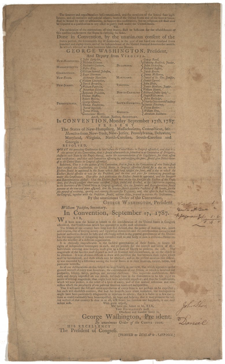 Grunnloven, første trykk, trykt av Dunlap & Claypoole, 17.–19. september 1787 (se også GLC 695933, GLC 695934 og GLC 695935) av American School