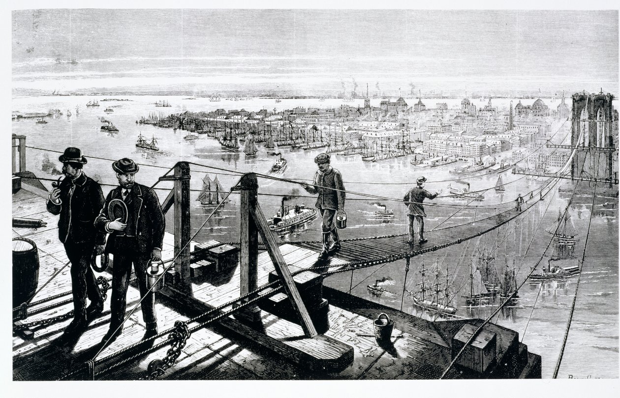 Bygging av Brooklyn Bridge, New York av American School