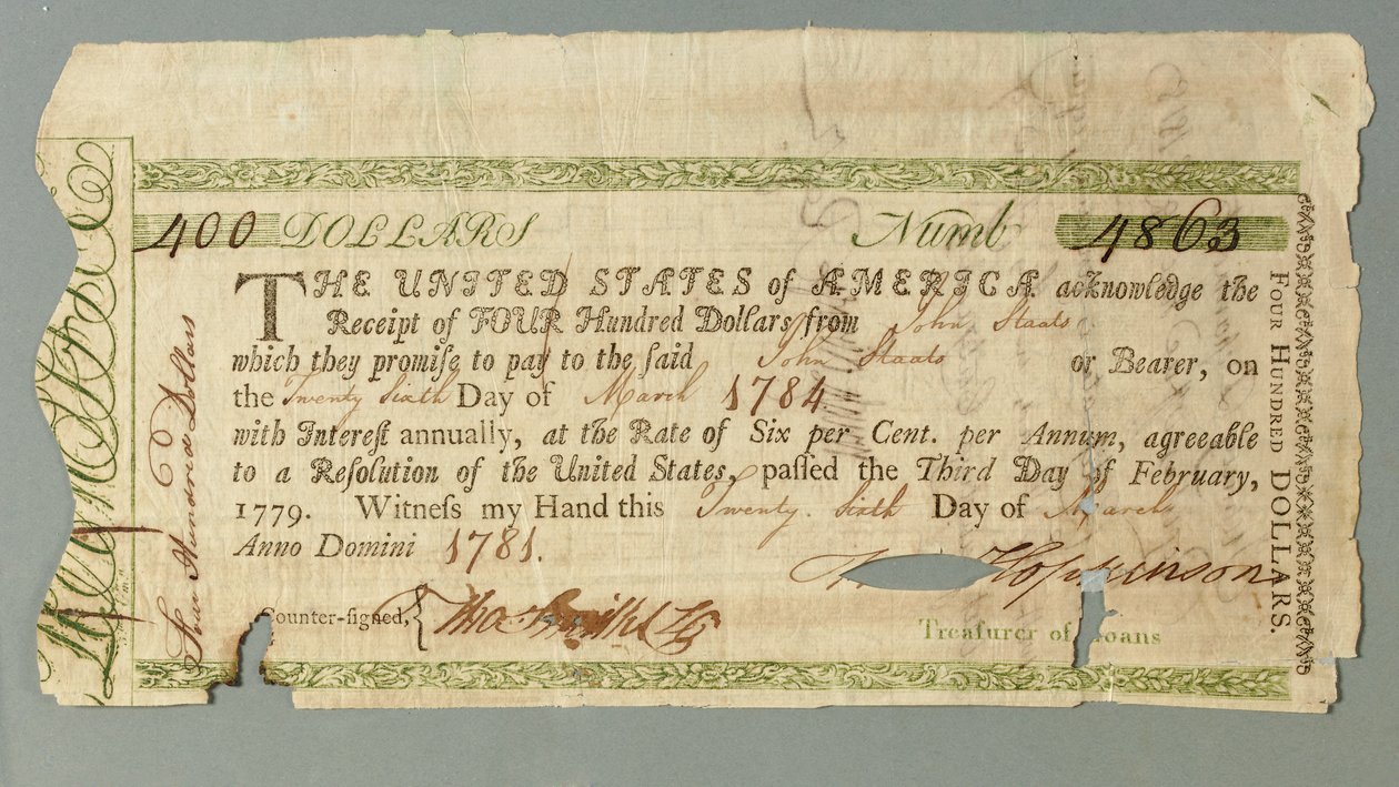 Continental Loan Office sertifikat nummer 4863 signert av kasserer Francis Hopkinson, 26. mars 1781 av American School