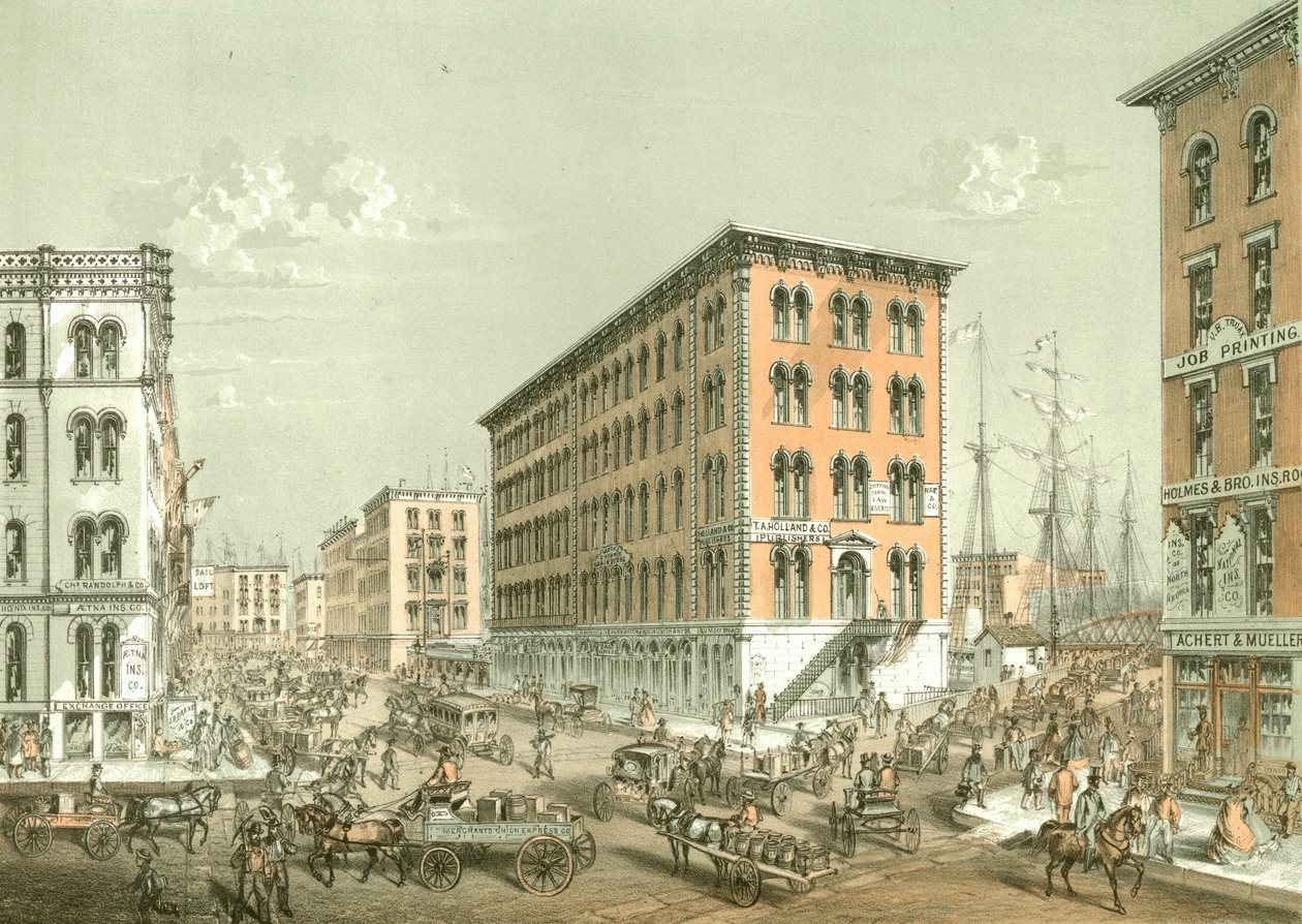 Corner of Clark and South Water Street, fra Chicago Illustrated, med litterære beskrivelser av James W. Sheahan, utgitt av Jevne & Almini, Chicago, 1866-67 av American School