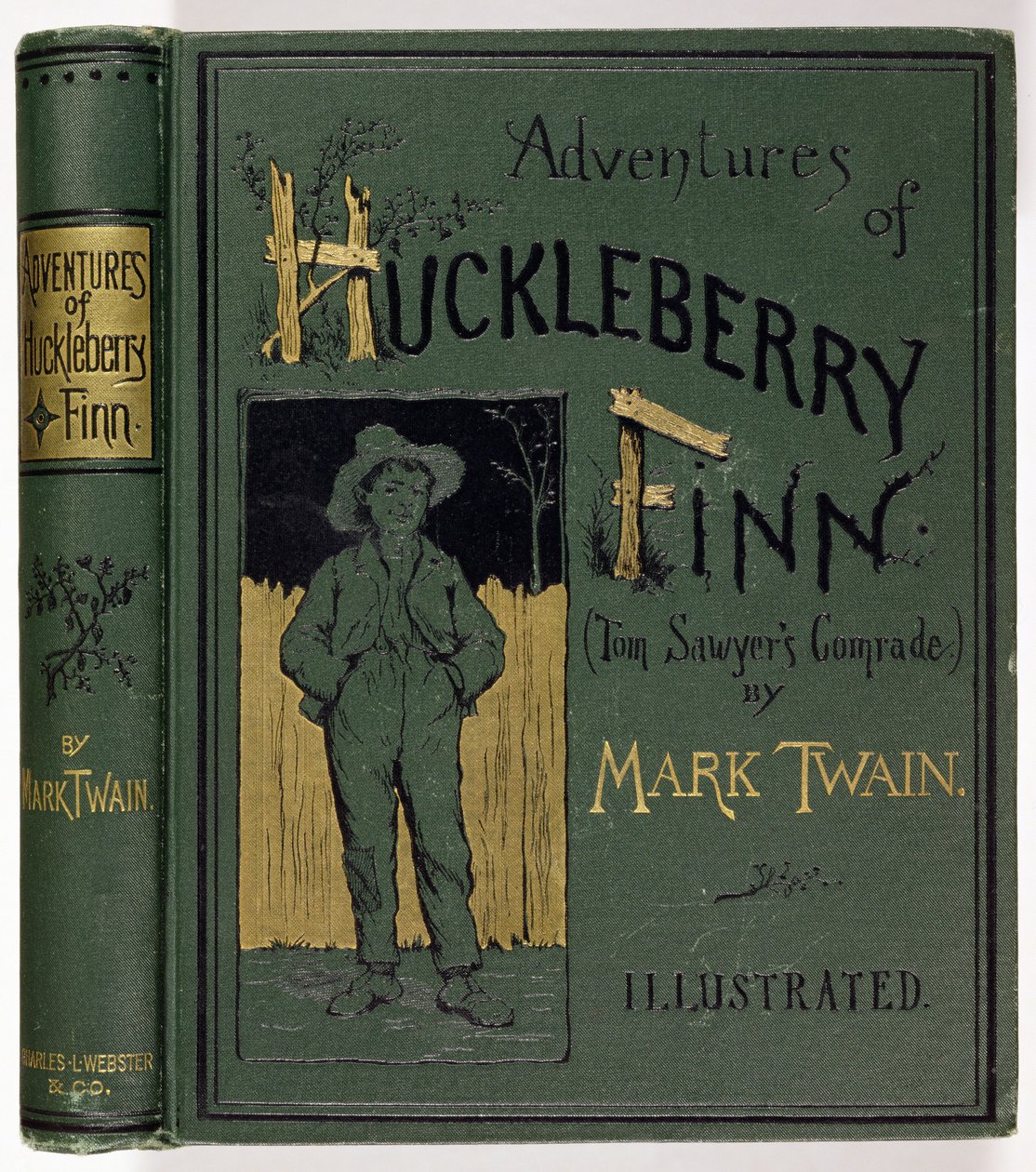 Cover of Adventures of Huckleberry Finn av Mark Twain (1835-1910) første amerikanske utgave, utgitt av Charles L. Webster, 1885 (gullpreget stoff) av American School