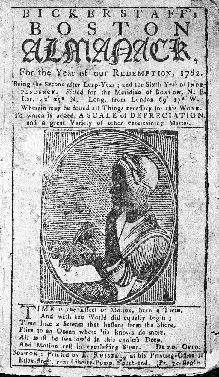 Forside av Bickerstaffs Boston Almanack med et portrett av Phillis Wheatley (1753-84) utgitt 1782 (trykk) av American School