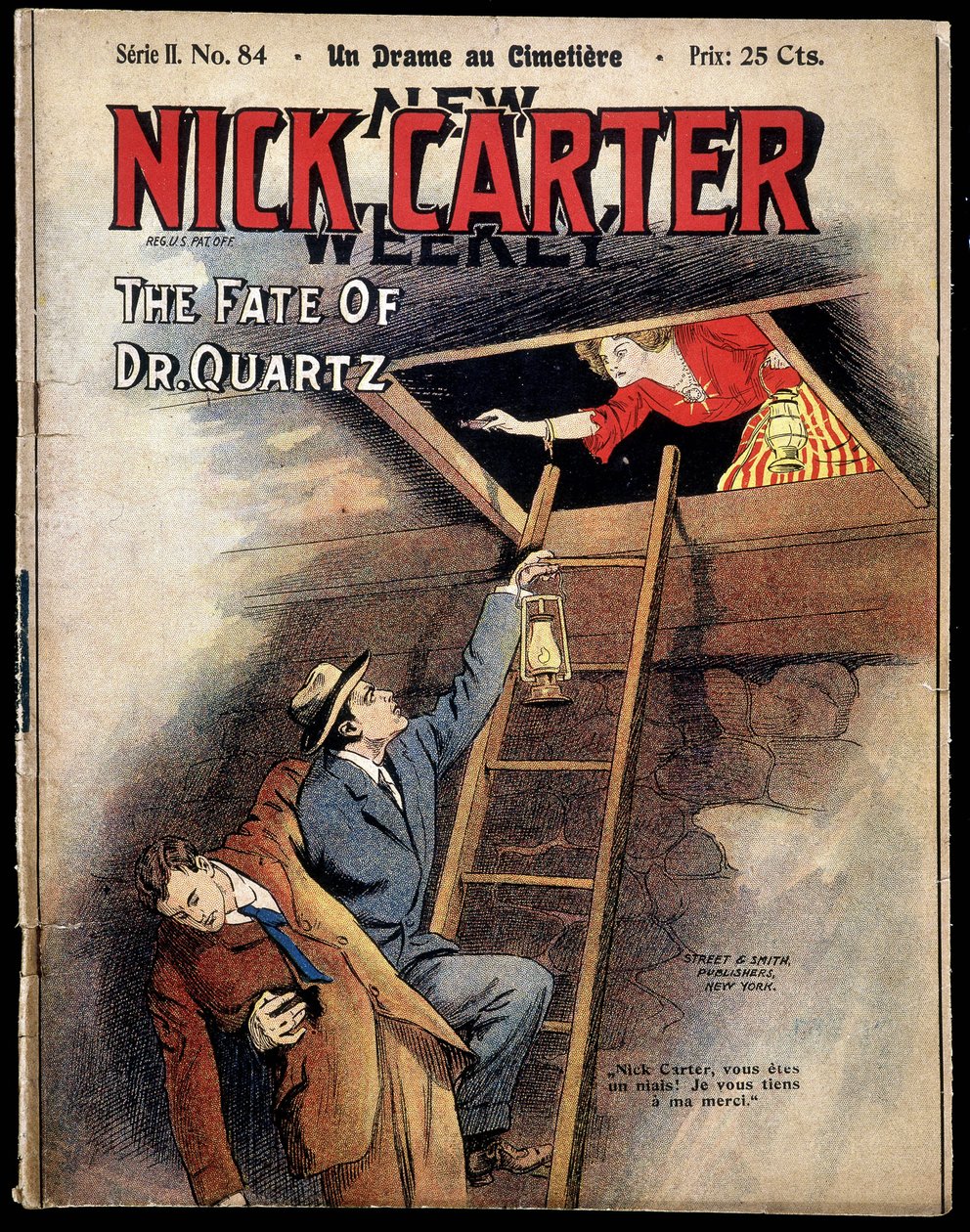 Forsiden av «New Nick Carter Weekly: A drama at the cemetery», sd tidlig på 1900-tallet av American School