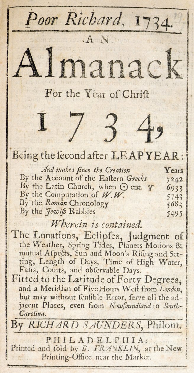Omslag til Poor Richard, an Almanack, 1734 (trykk) av American School