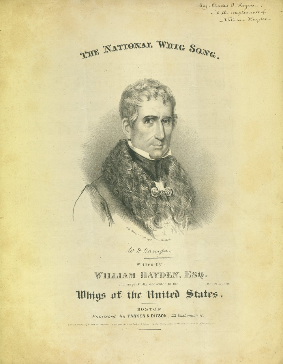 Omslag til arket The National Whig Song, av William Hayden, utgitt av Parker & Diston, Boston, 1840 av American School