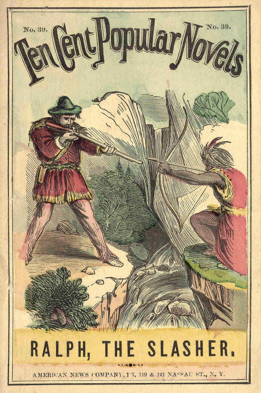 Omslag til boken "Ten cent popular novels - Ralph, the Slasher", nr. 39. American News Company. En indisk og en hvit duell. Brennende sd. tidlig på 1900-tallet. av American School