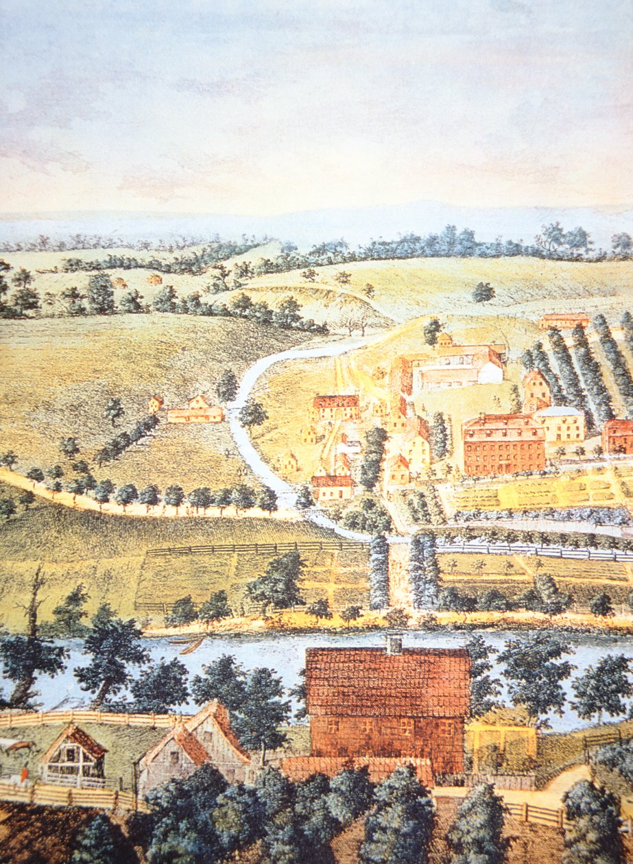 Dyrket jordbruksland i Pennsylvania i 1750 (farge litho) av American School