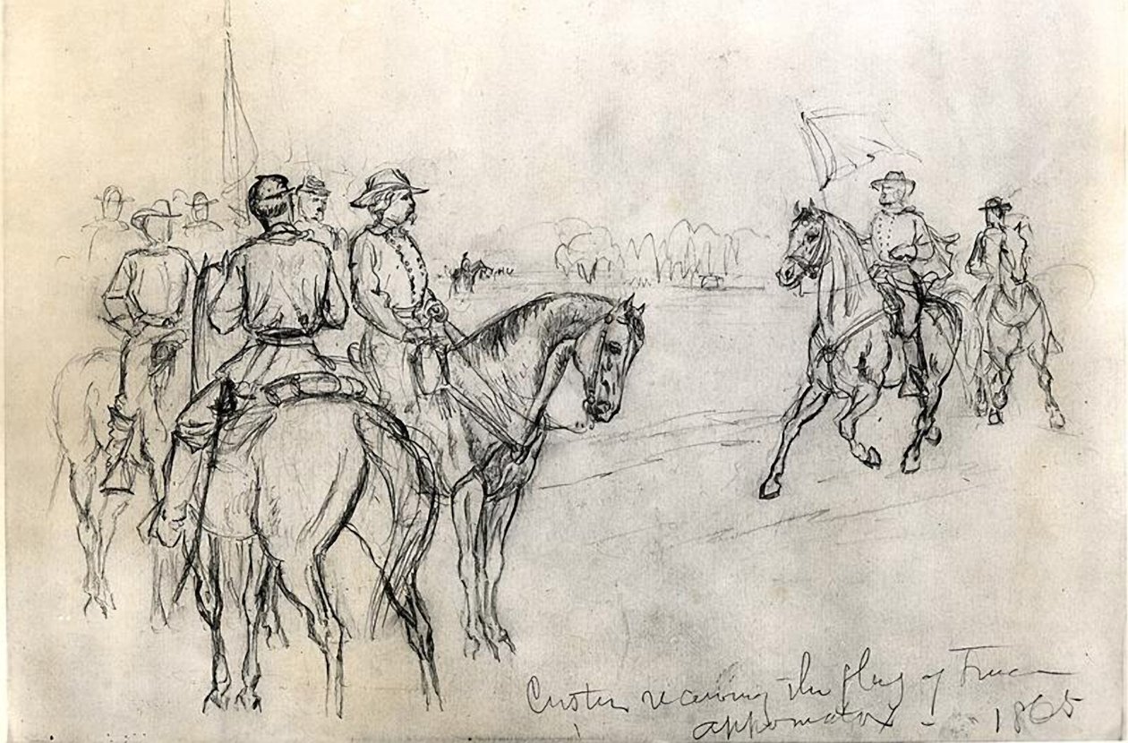 Custer mottar Flag of Freedom, Appomattox, 1865 av American School