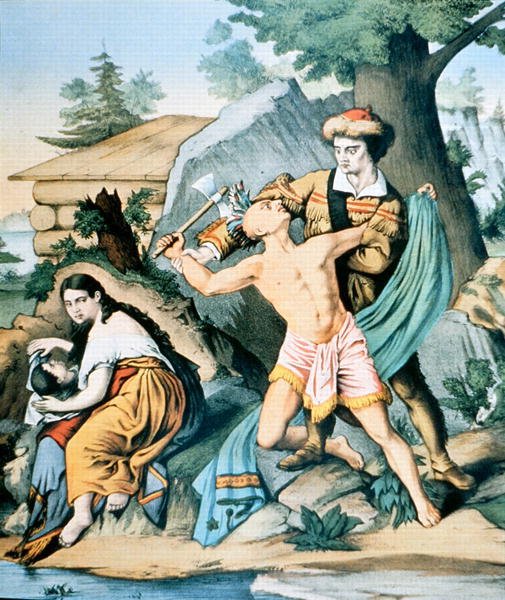 Daniel Boone (1734-1820) forsvarer familien sin mot indisk angrep av American School