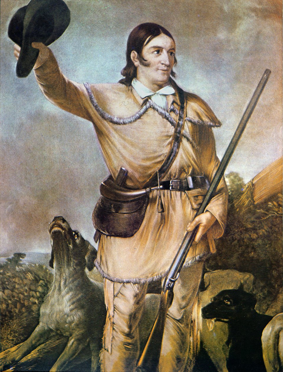 David (Davy) Crockett (1786-1836) med sine jakthunder i 1836 (farge litho) av American School