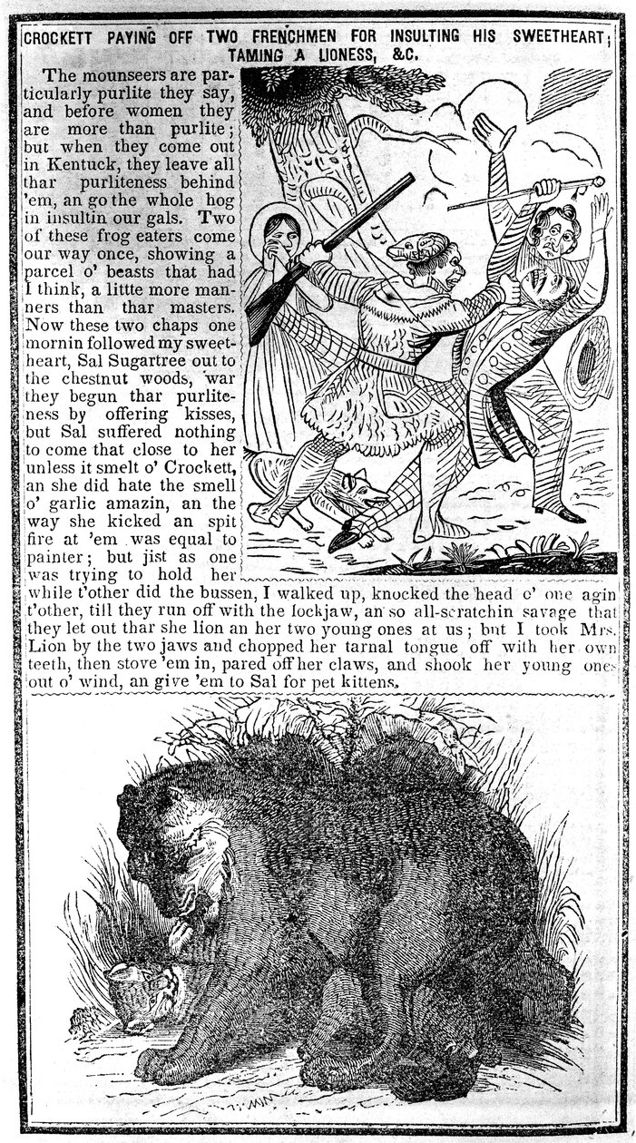 Davy Crockett betaler av to franskmenn for å ha fornærmet sin kjære, temme en løvinne, etc., illustrasjon fra Crocketts Almanack av American School