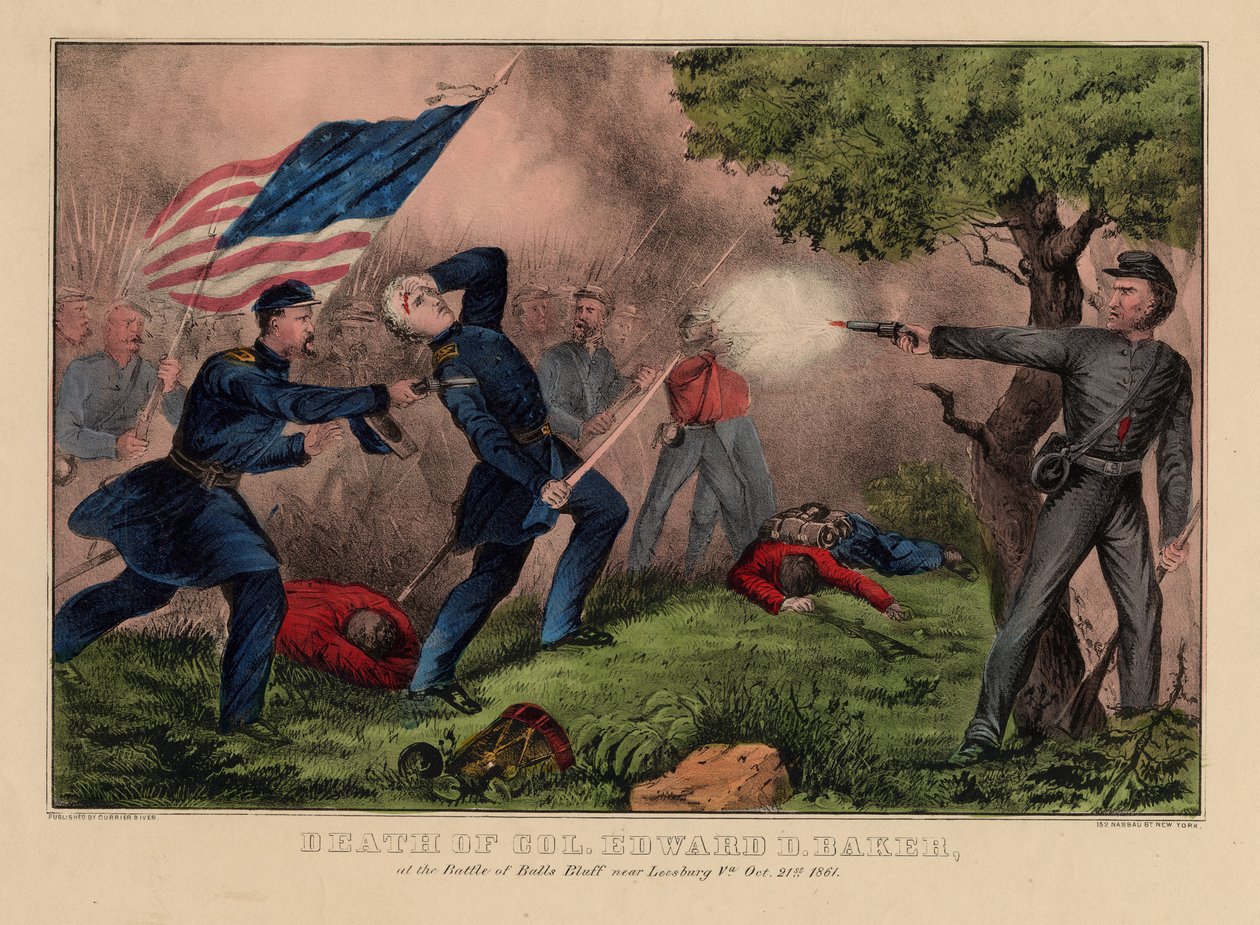 Oberst Edward D. Bakers død, i Battle of Balls Bluff nær Leesburg VA, 21. oktober 1861, pub. av Currier & Ives, ca. 1861 av American School