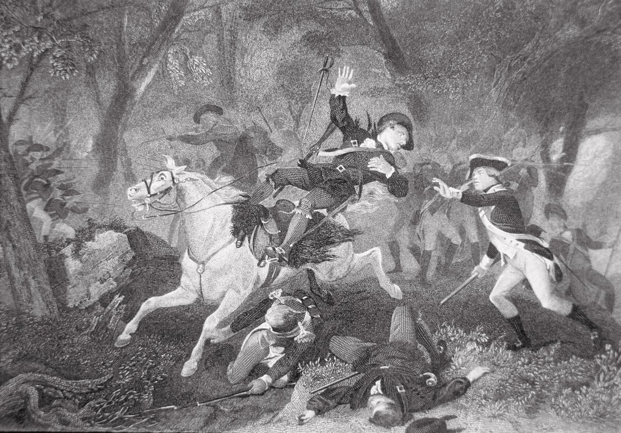 Patrick Fergusons død i slaget ved King's Mountain, 7. oktober 1780 (litho) av American School