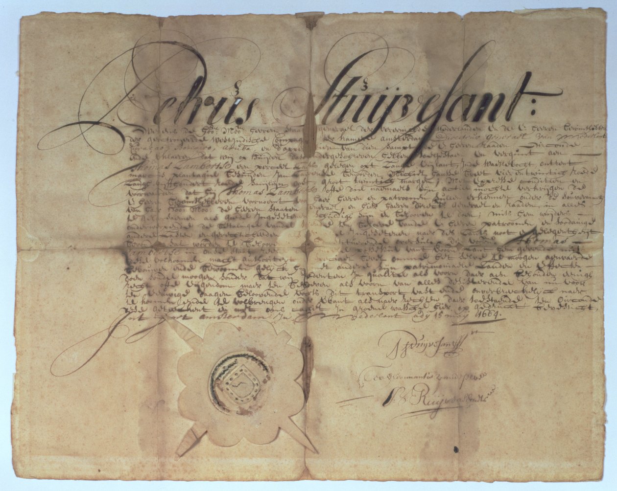 Skjøte signert av Peter Stuyvesant, generaldirektør for New Netherland, 15. mai 1664 av American School