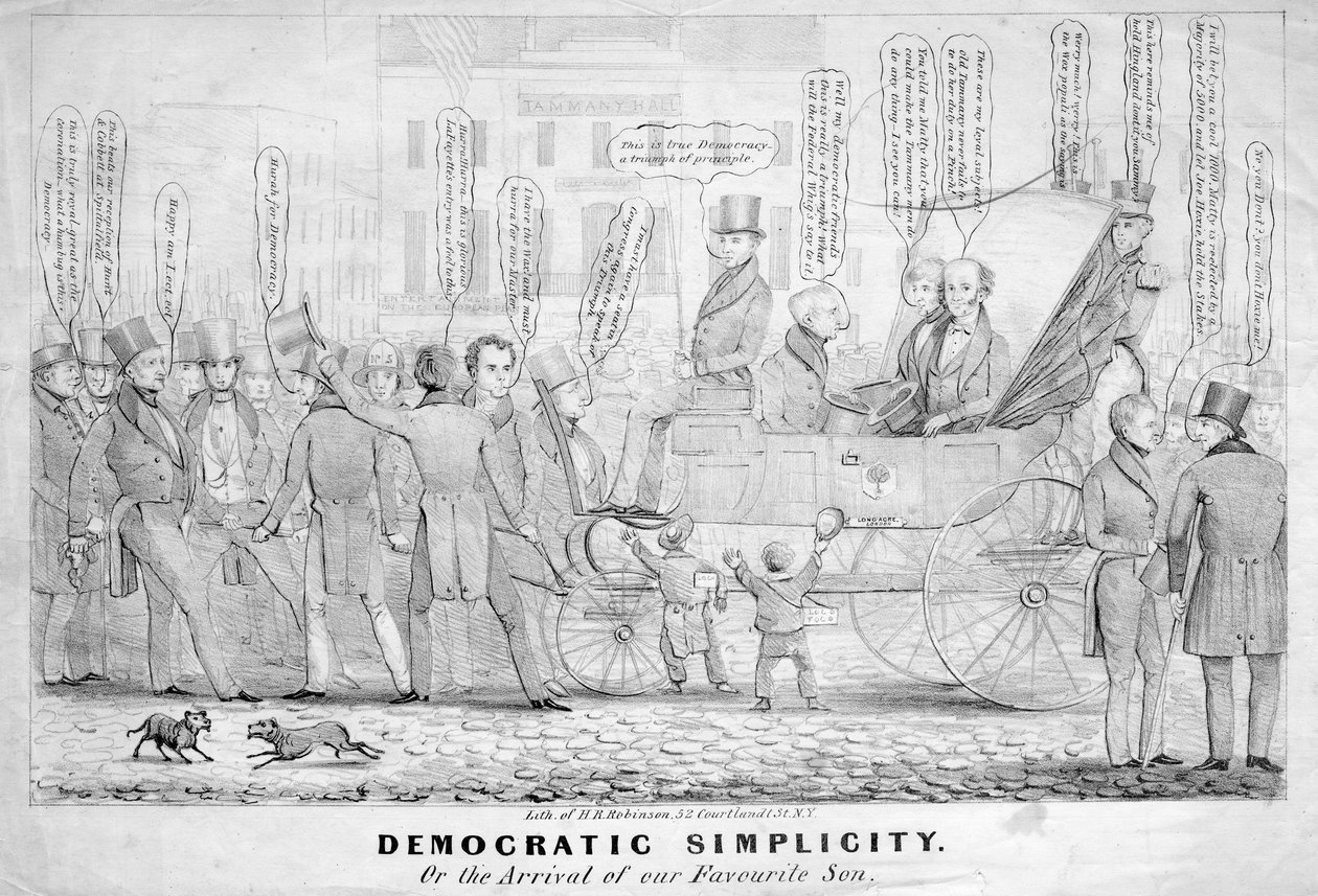 Demokratisk enkelhet, eller ankomsten av vår favorittsønn, utgitt av H R Robinson, New York, ca. 1839 av American School