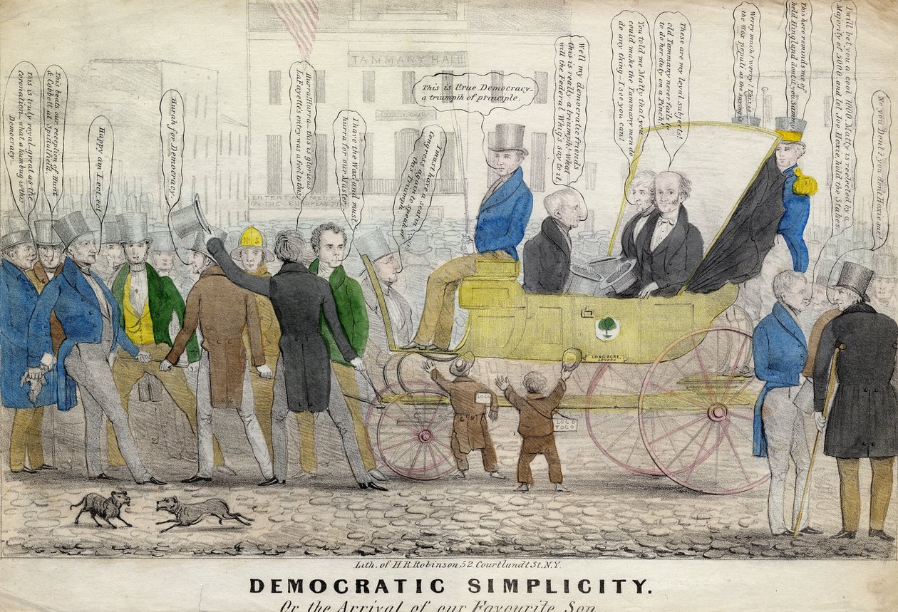 Demokratisk enkelhet, eller ankomsten av vår favorittsønn, utgitt av H R Robinson, New York, ca. 1839 av American School