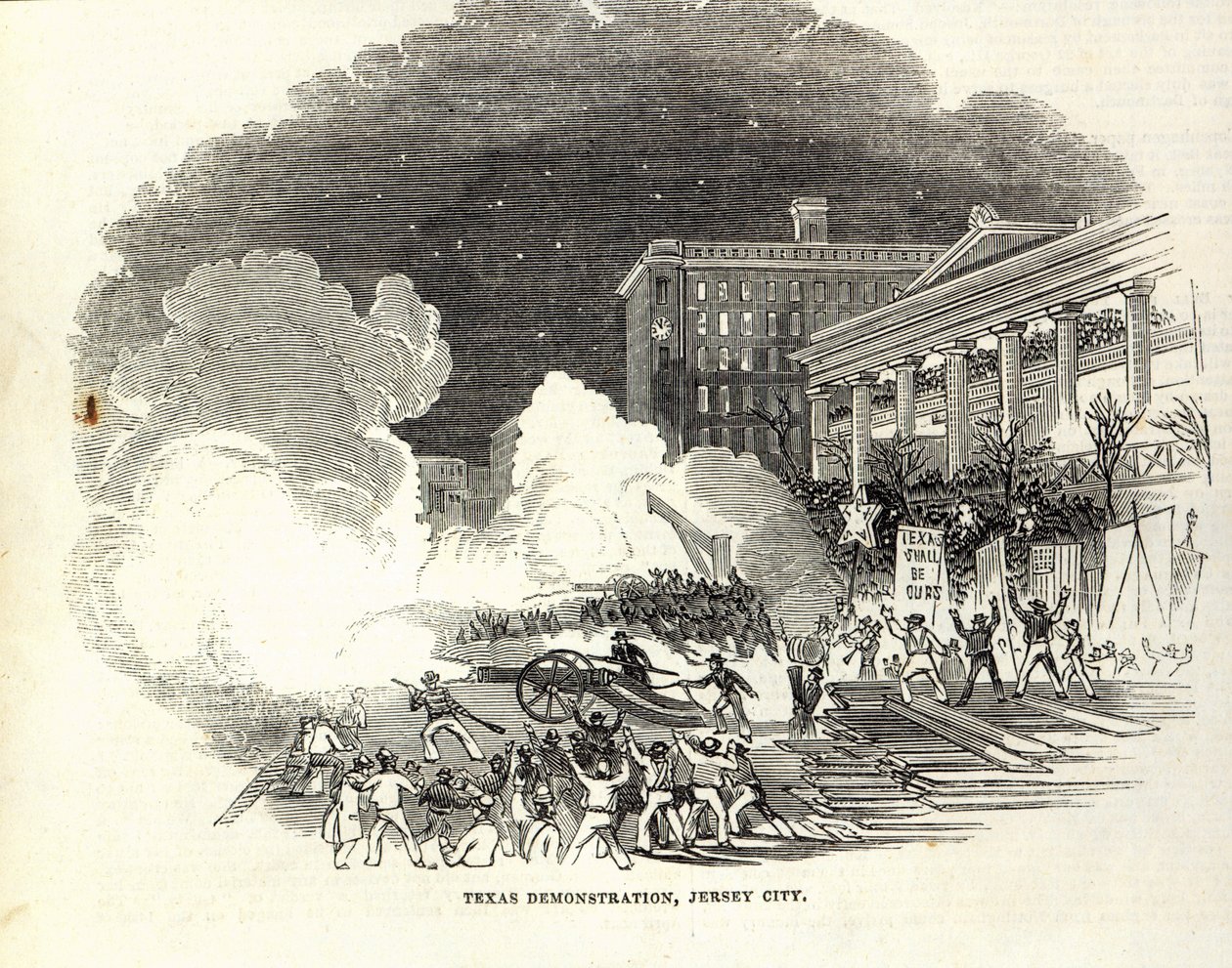 Demonstrasjon i Jersey City til fordel for annekteringen av USA i Texas, illustrasjon fra 'Illustrated London News, 22. mars av American School