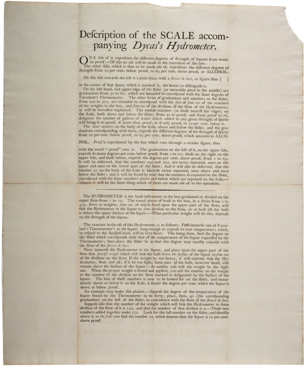Beskrivelse av skalaen til medfølgende Dycass Hydrometer, 1790 av American School