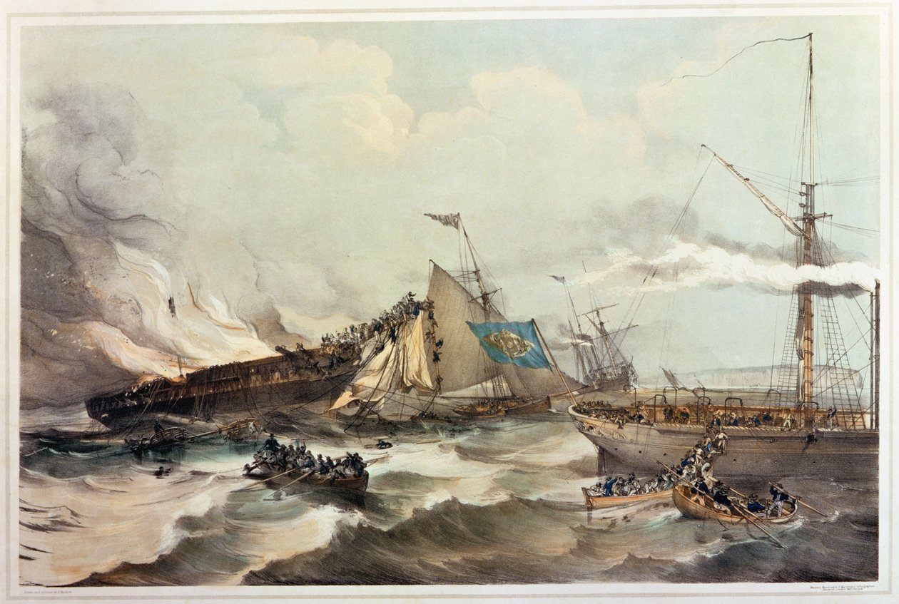 Ødeleggelse av emigrantskipet Ocean Monarch, gravert av Maclure, 1845 av American School