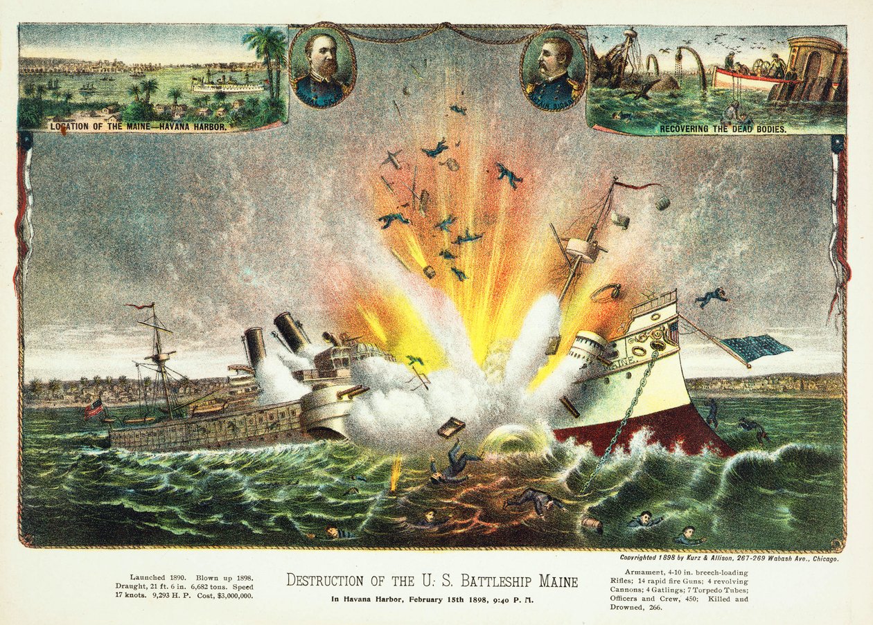 Ødeleggelse av det amerikanske slagskipet Maine i Havana havn 15. februar 1898, pub.1898 av American School