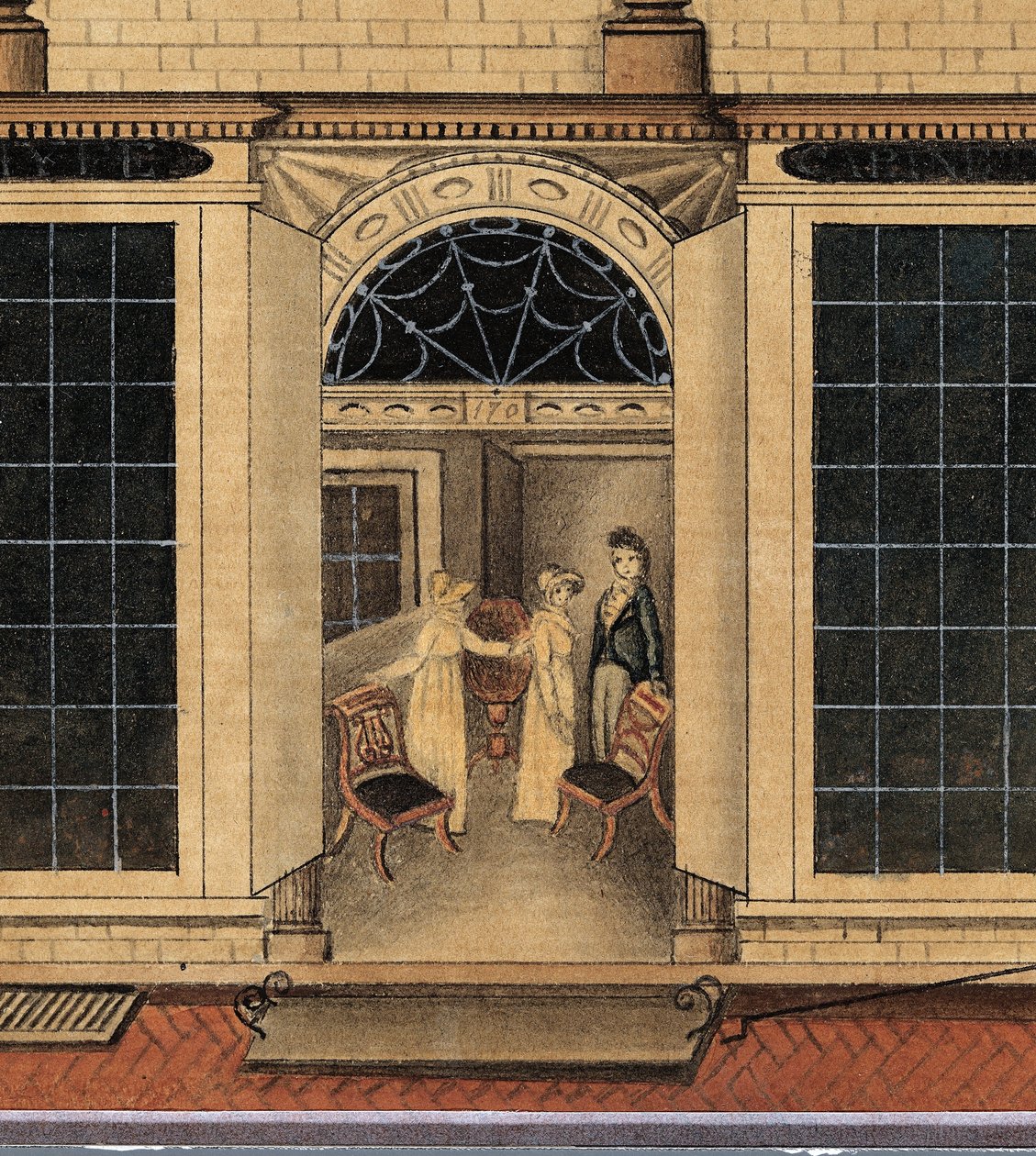 Detalj av butikken og lageret til Duncan Phyfe på Fulton Street i New York City, ca. 1817-1820 (akvarell, blekk og gouache på hvitt papir) av American School