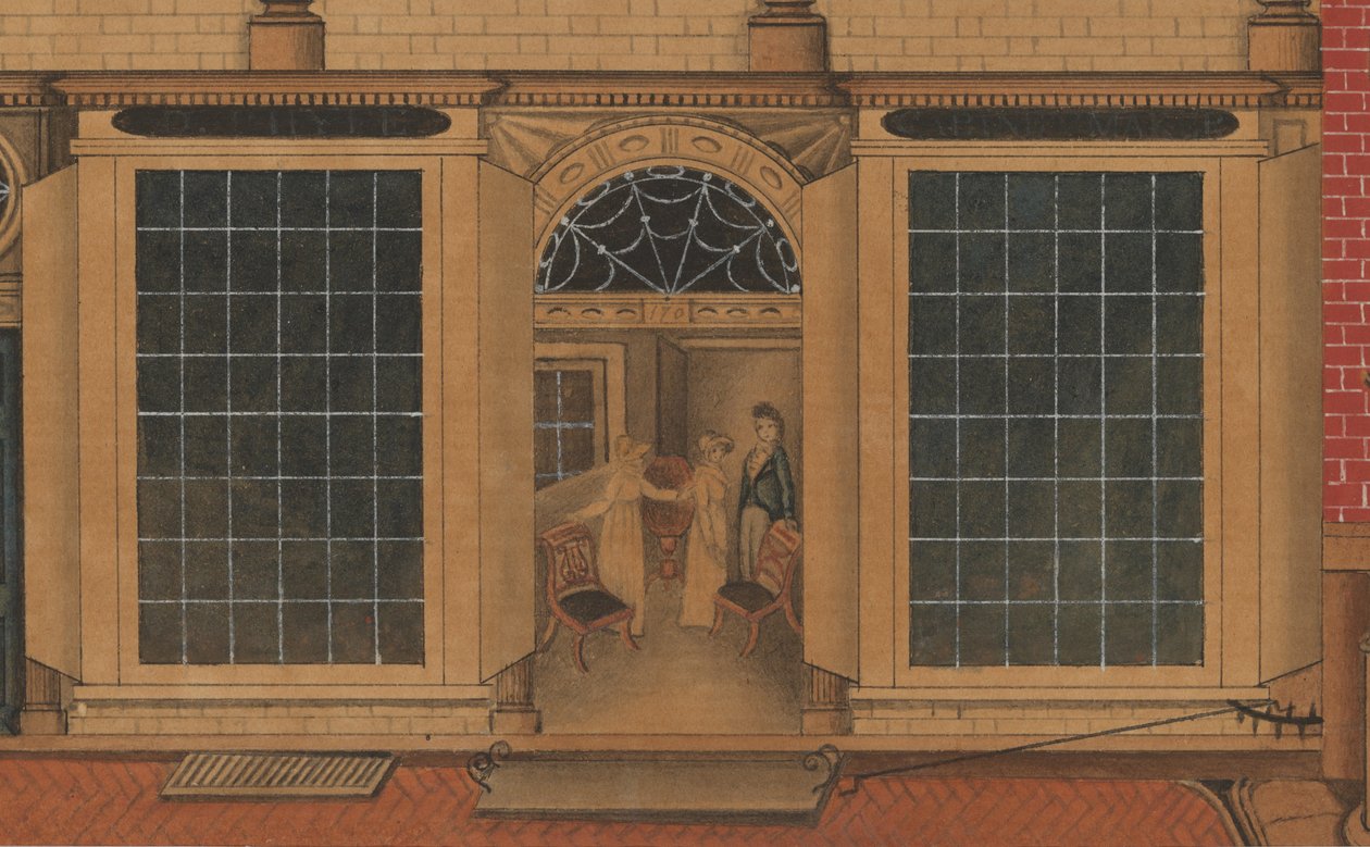 Detalj av butikken og lageret til Duncan Phyfe på Fulton Street i New York City, ca. 1816-1817 (akvarell, penn og blekk på papir) av American School