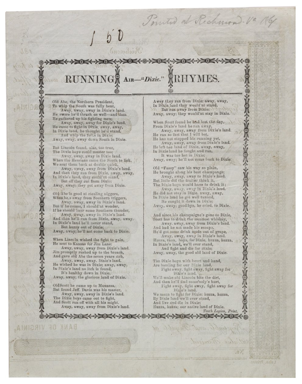 Dixie trykt på baksiden av et ark sjekker, 1861 av American School