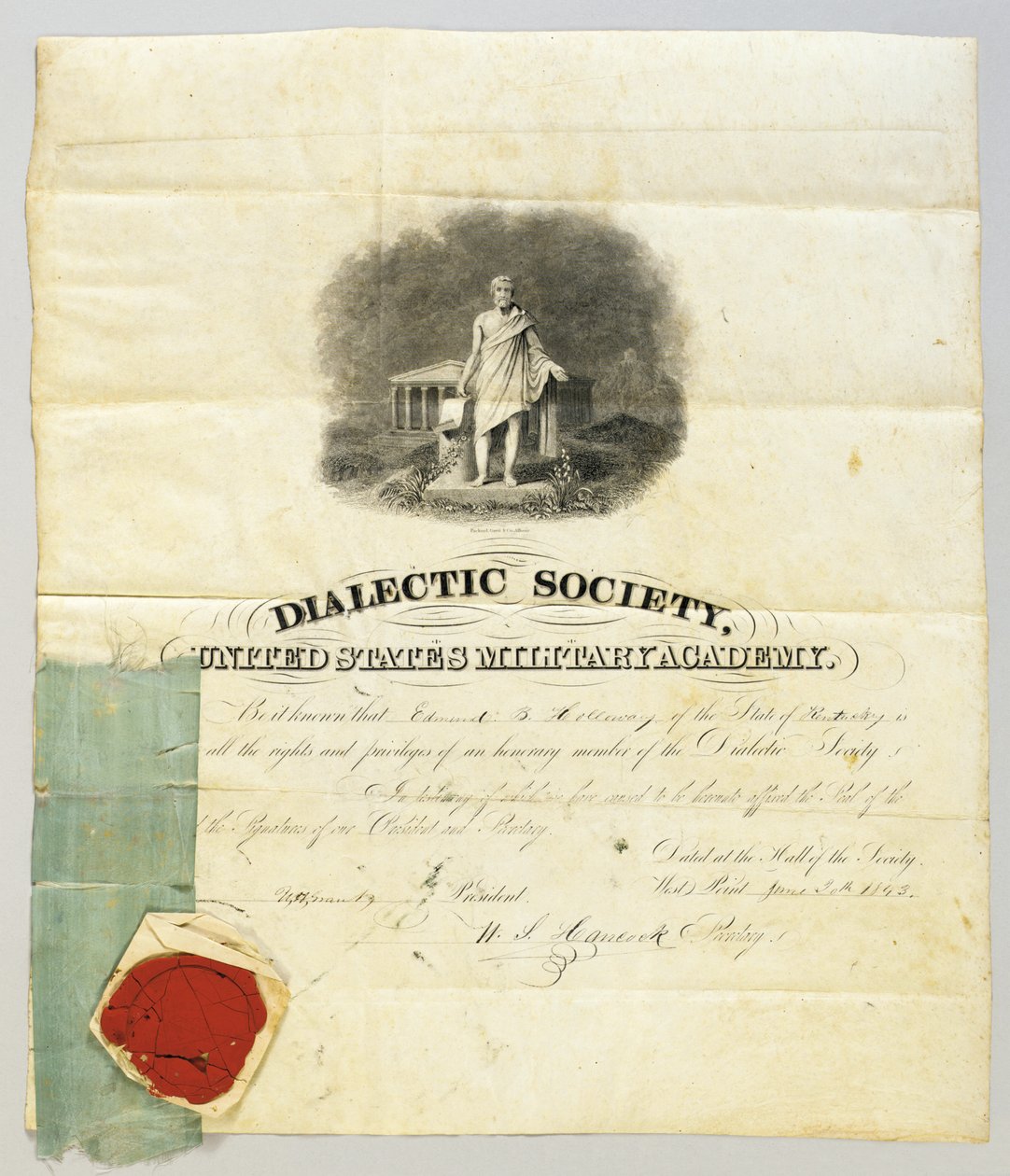 Dokument signert av Ulysses S. Grant som president for Dialectic Society ved West Point Military Academy, 20. juni 1843 (gravering & penn og blekk på pergament) (se også 872501) av American School