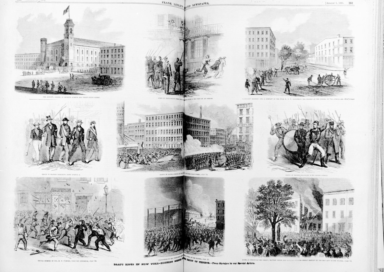 Utkast til opptøyer i New York, spennende scener under terrorens styre, 1863 av American School
