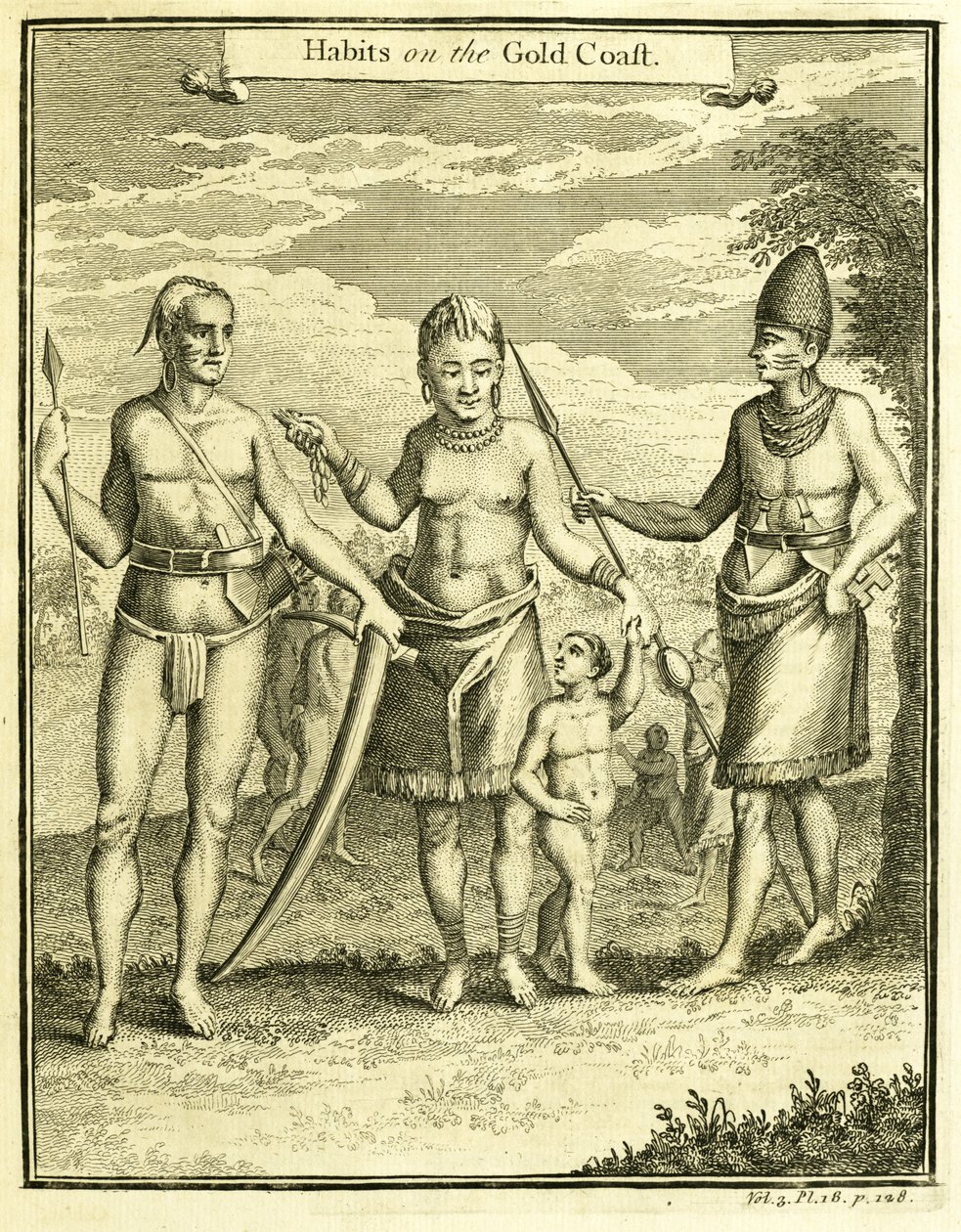 Kjole til folket i Cape Lope Gonsalvo og Rio Gabon, illustrasjon fra "Habits on the Gold Coast", av Thomas Astley, 1745-47 av American School