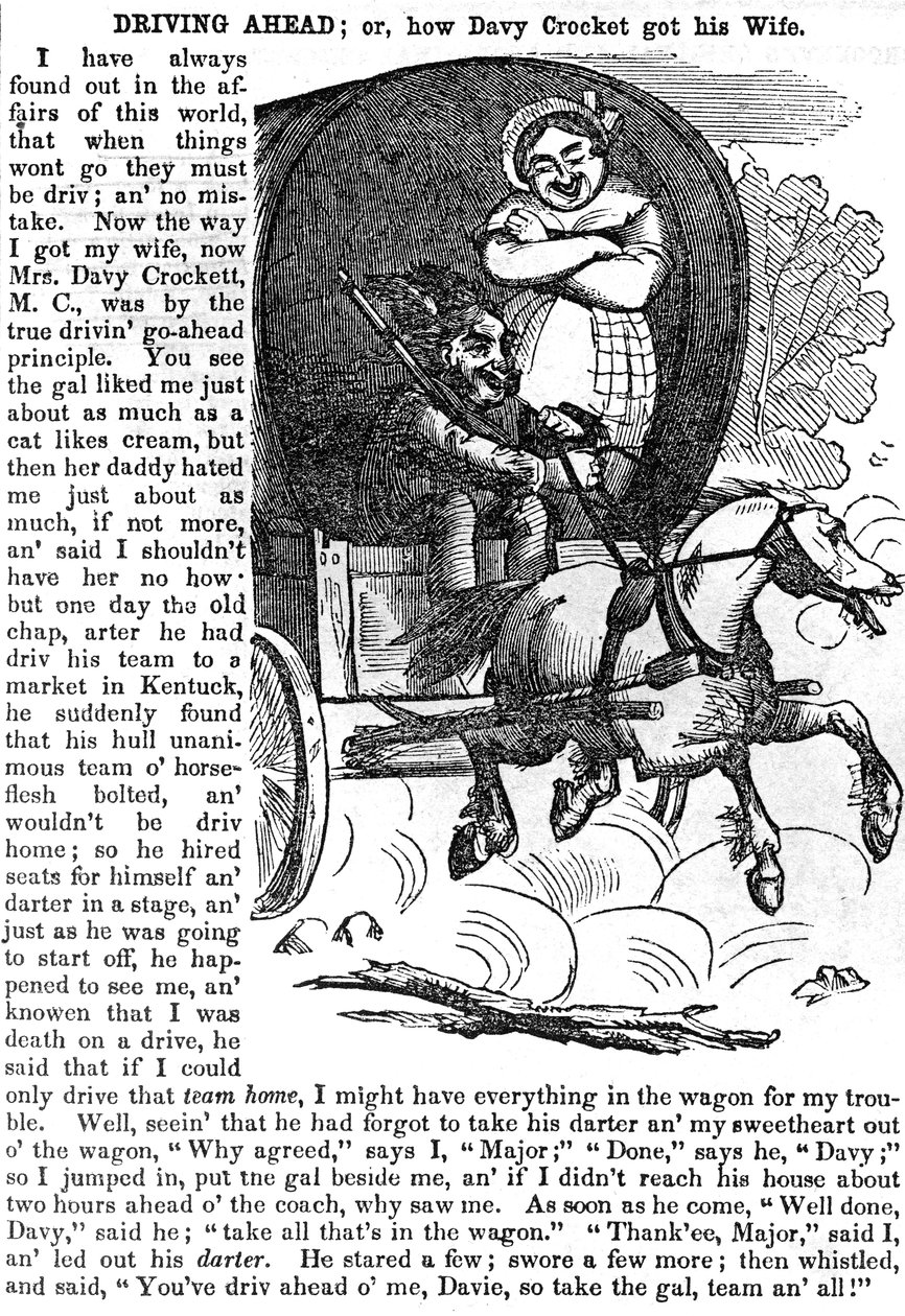 Driving Ahead, or How Davy Crockett got his Wife, fra Crocketts almanakk for 1856, utgitt, New York, 1855 av American School