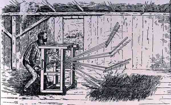 Tidlige forsøk på treskemaskiner, illustrasjon fra The Growth of Industrial Art, 1892, fra The Pageant of America, Vol.3, av Ralph Henry Gabriel, 1926 av American School