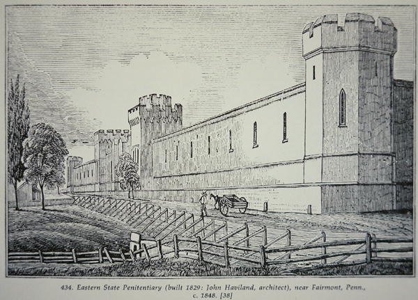 Eastern State Penitentiary, nær Fairmont, Pennsylvania, ca. 1848 (gravering) av American School
