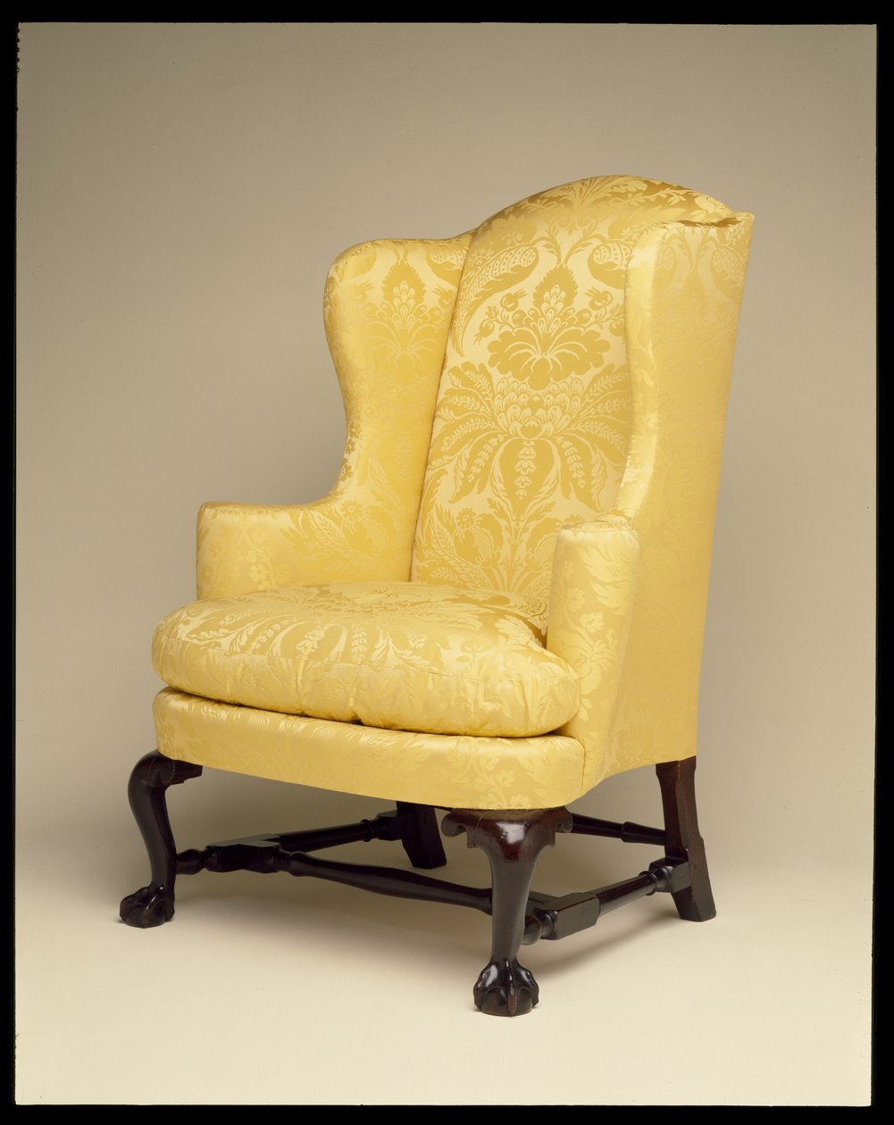 Lenestol, ca. 1750-70 (mahogni, lønn, kirsebær og gul silke) av American School