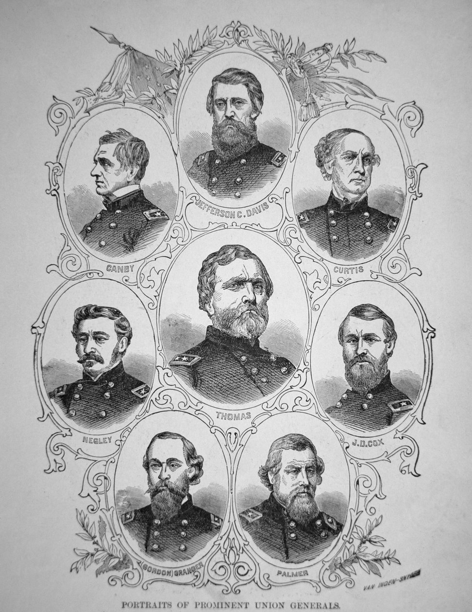 Åtte fremtredende amerikanske borgerkrigsgeneraler (gravering) av American School